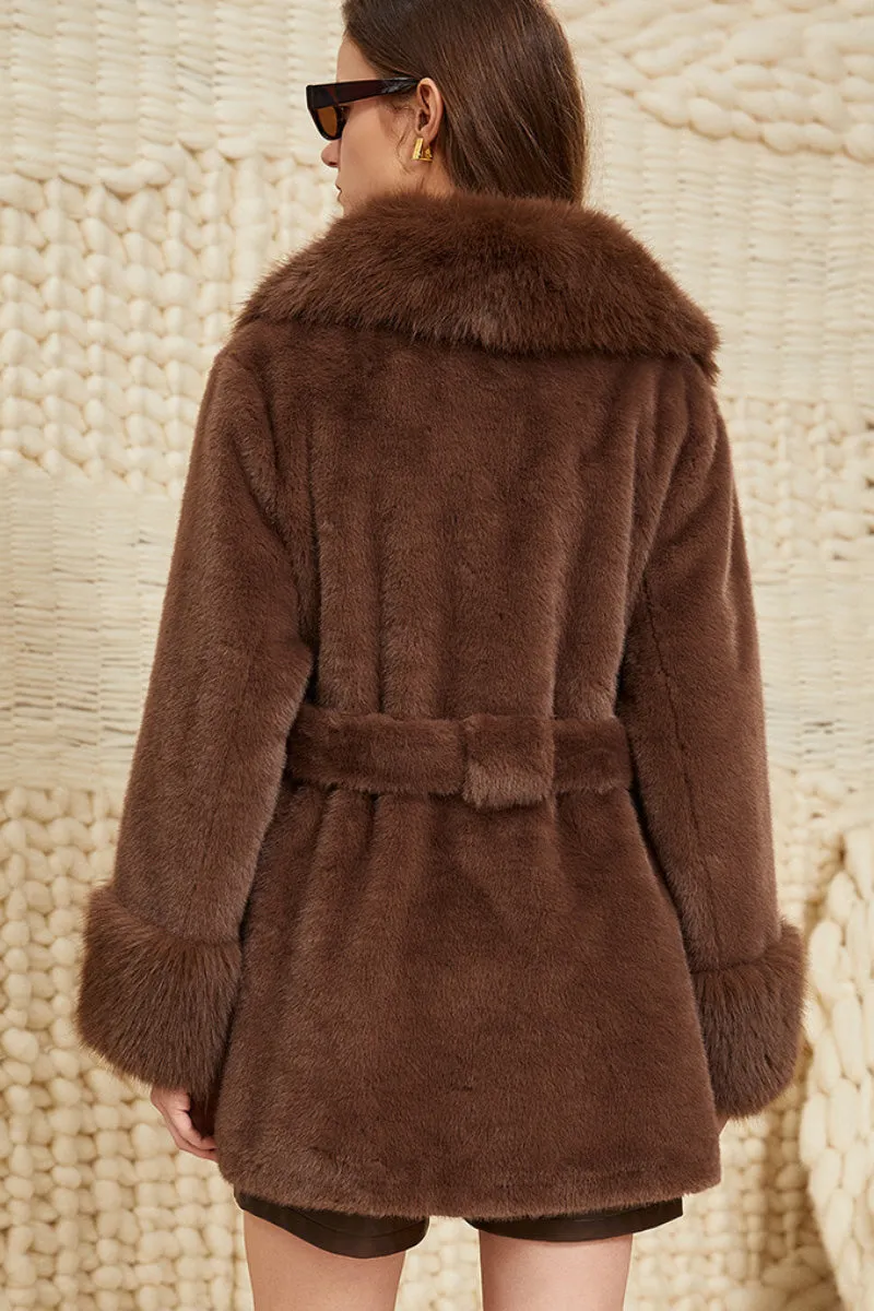 Elegant Belted Faux Fur Coat with Lapel Collar