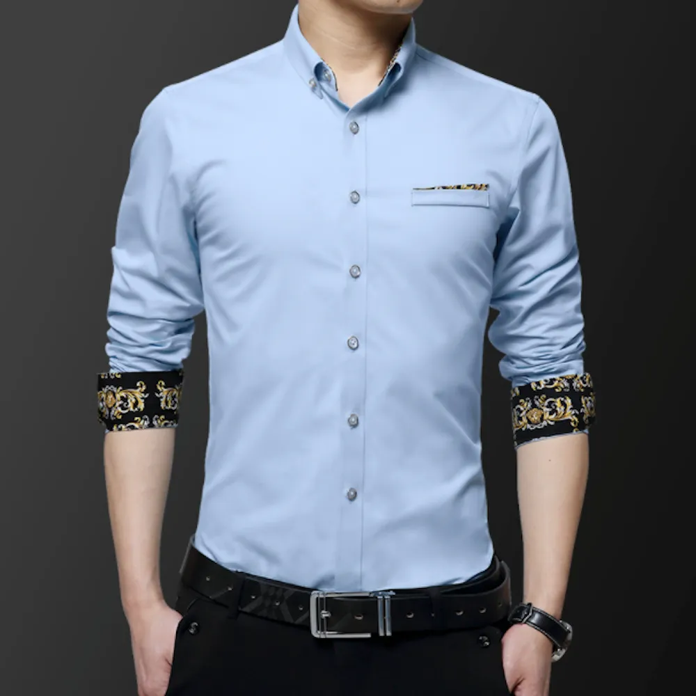 Elegant Golden Floral Accented Men's Long Sleeve Shirt - A Blend of Style & Comfort