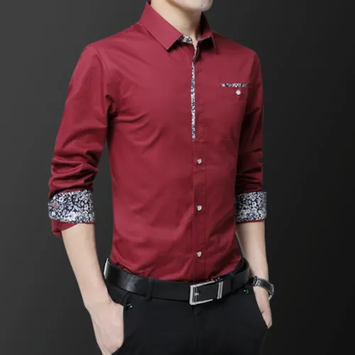 Elegant Golden Floral Accented Men's Long Sleeve Shirt - A Blend of Style & Comfort