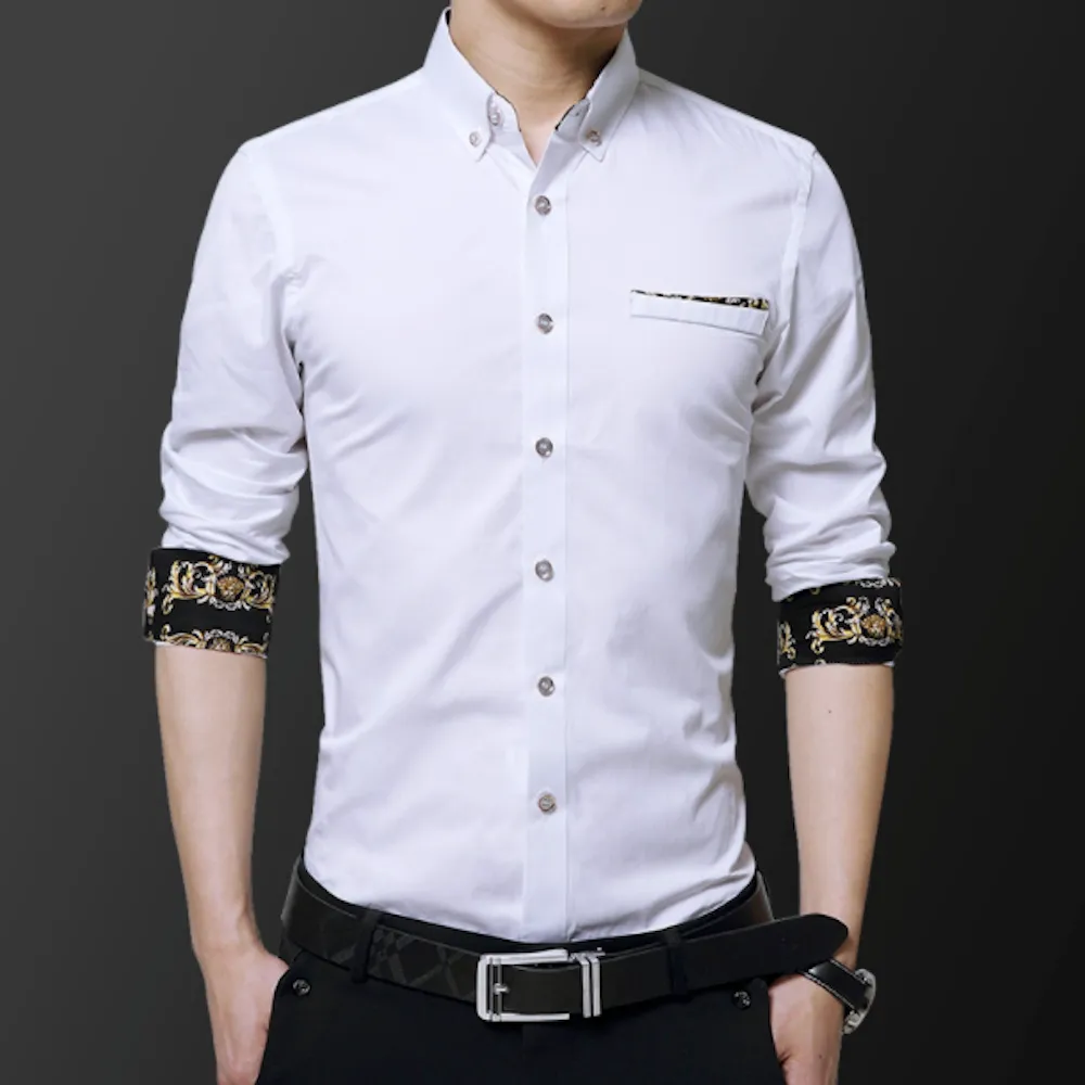 Elegant Golden Floral Accented Men's Long Sleeve Shirt - A Blend of Style & Comfort