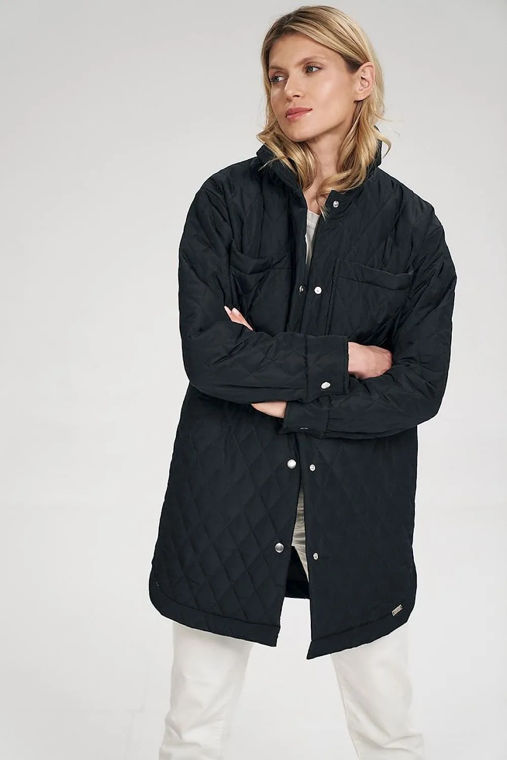 Elegant Long Quilted Coat with Stylish Side Slits and Snap Closure Features