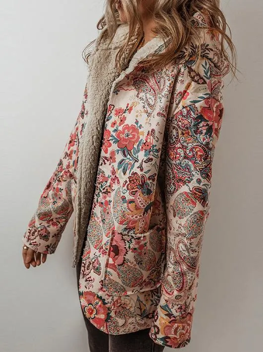 Ethnic Style Paisley Print Fleece Lined Hooded Outerwear