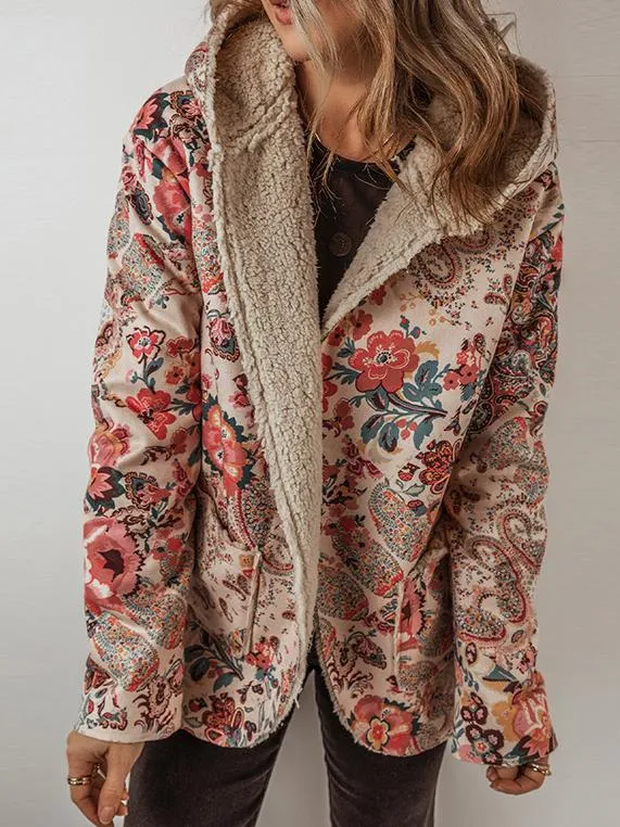 Ethnic Style Paisley Print Fleece Lined Hooded Outerwear