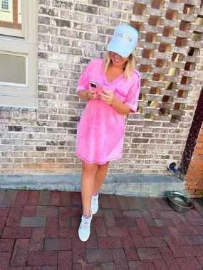 Everyday Basic Acid Wash TShirt Dress- Hot Pink