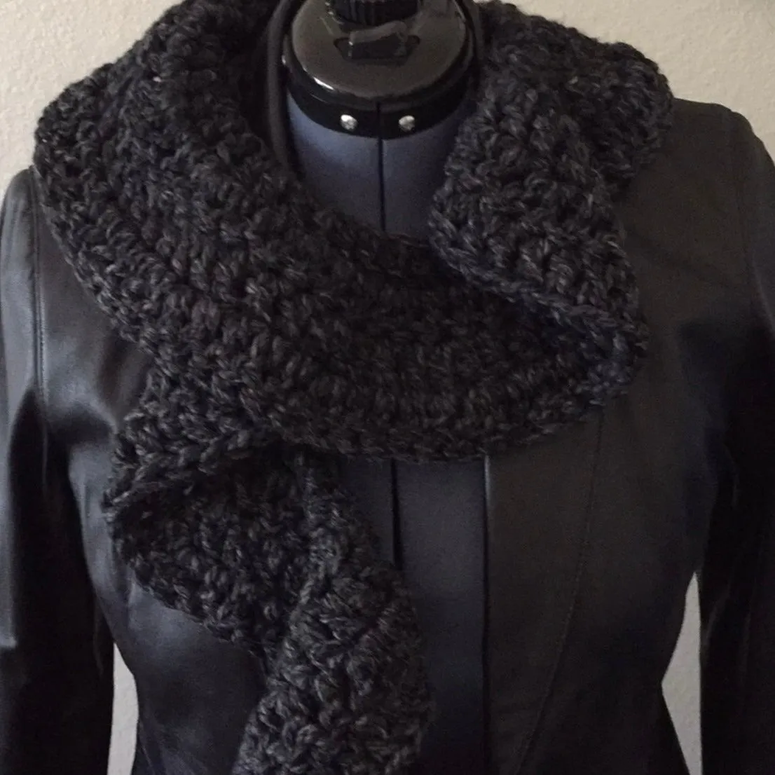 Extra Warm Crochet Knit Chunky Ruffle Scarf Hand Crafted Marbled Charcoal Grey Flirty Fall Winter