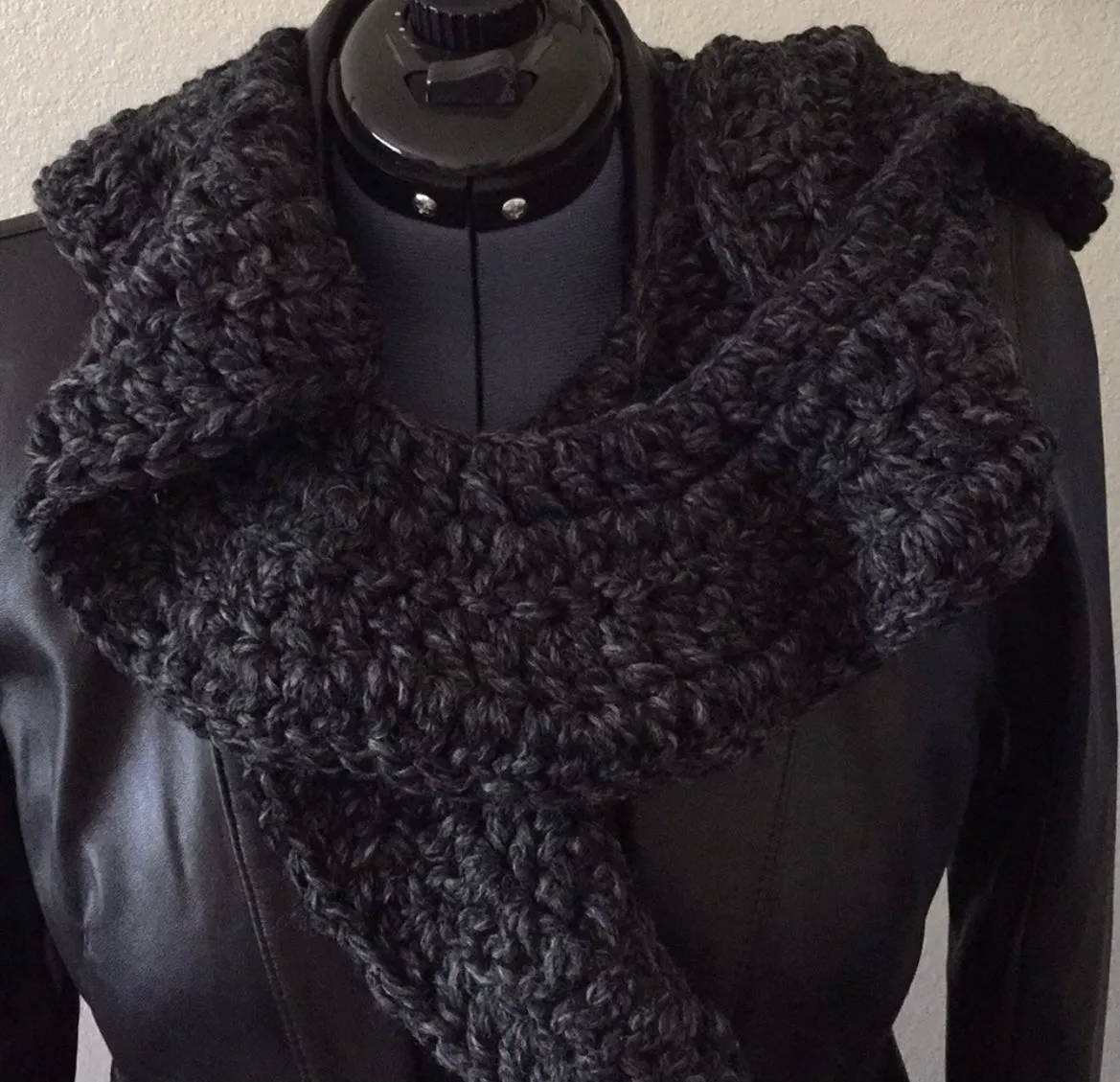 Extra Warm Crochet Knit Chunky Ruffle Scarf Hand Crafted Marbled Charcoal Grey Flirty Fall Winter