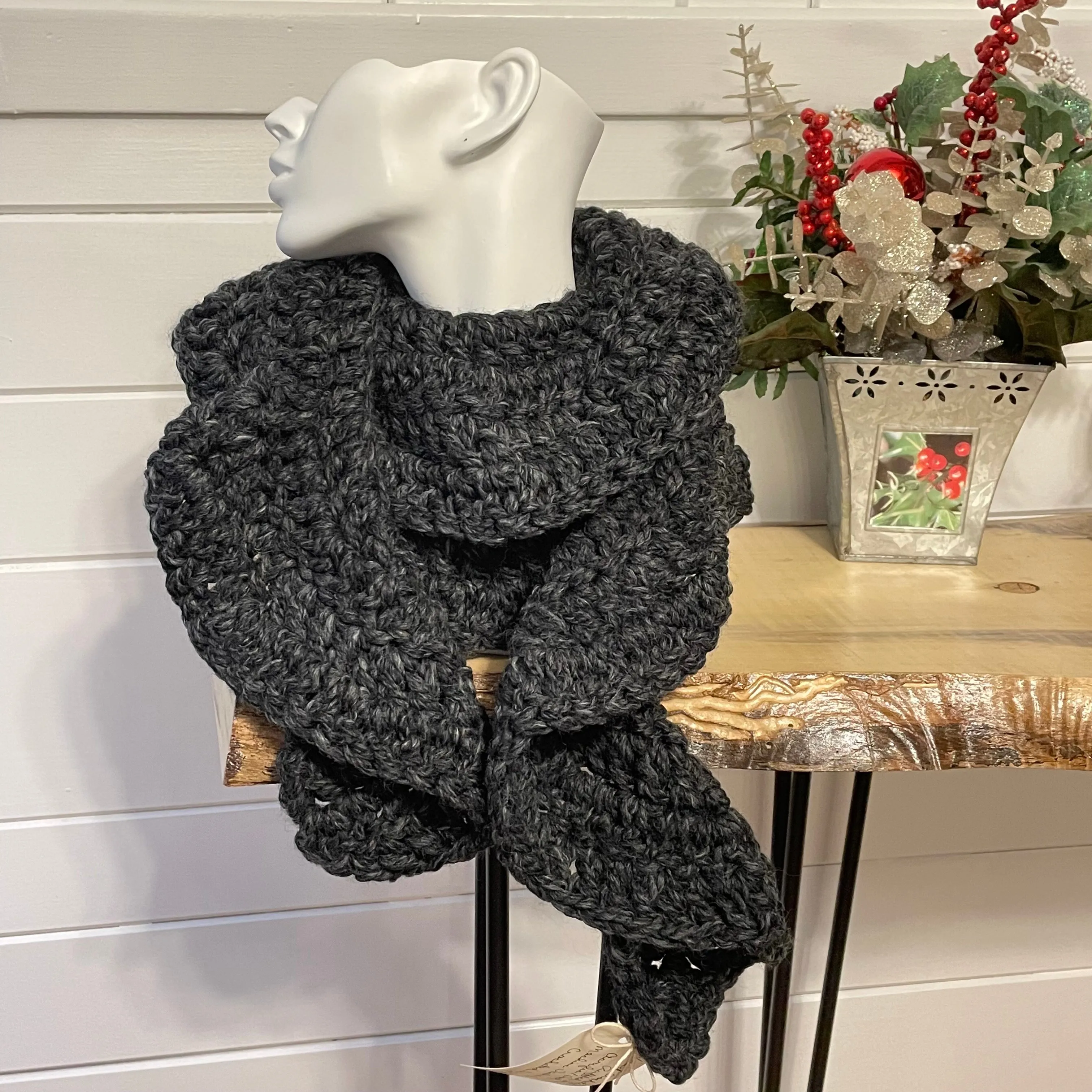 Extra Warm Crochet Knit Chunky Ruffle Scarf Hand Crafted Marbled Charcoal Grey Flirty Fall Winter