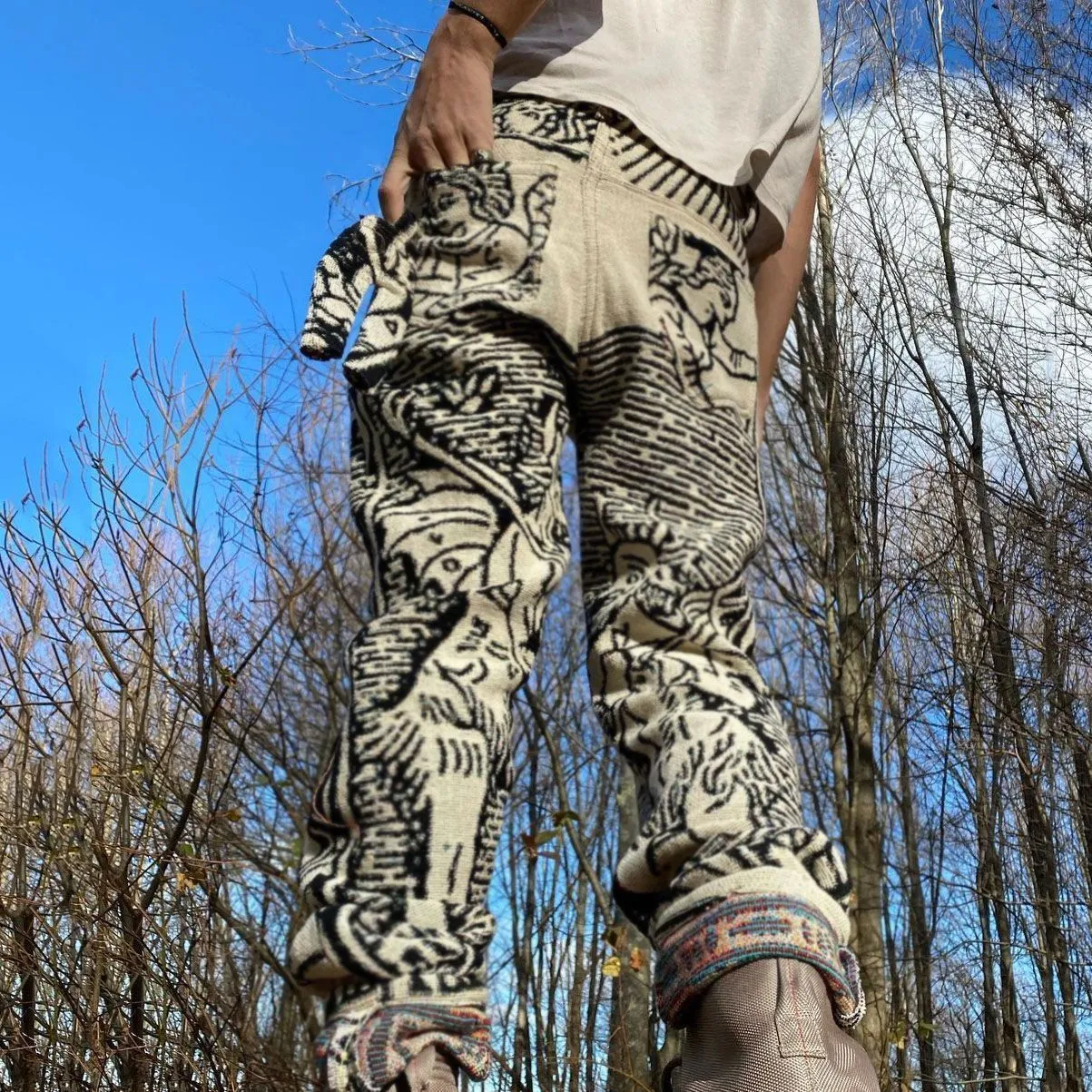 Fashion retro print straight-leg casual trousers