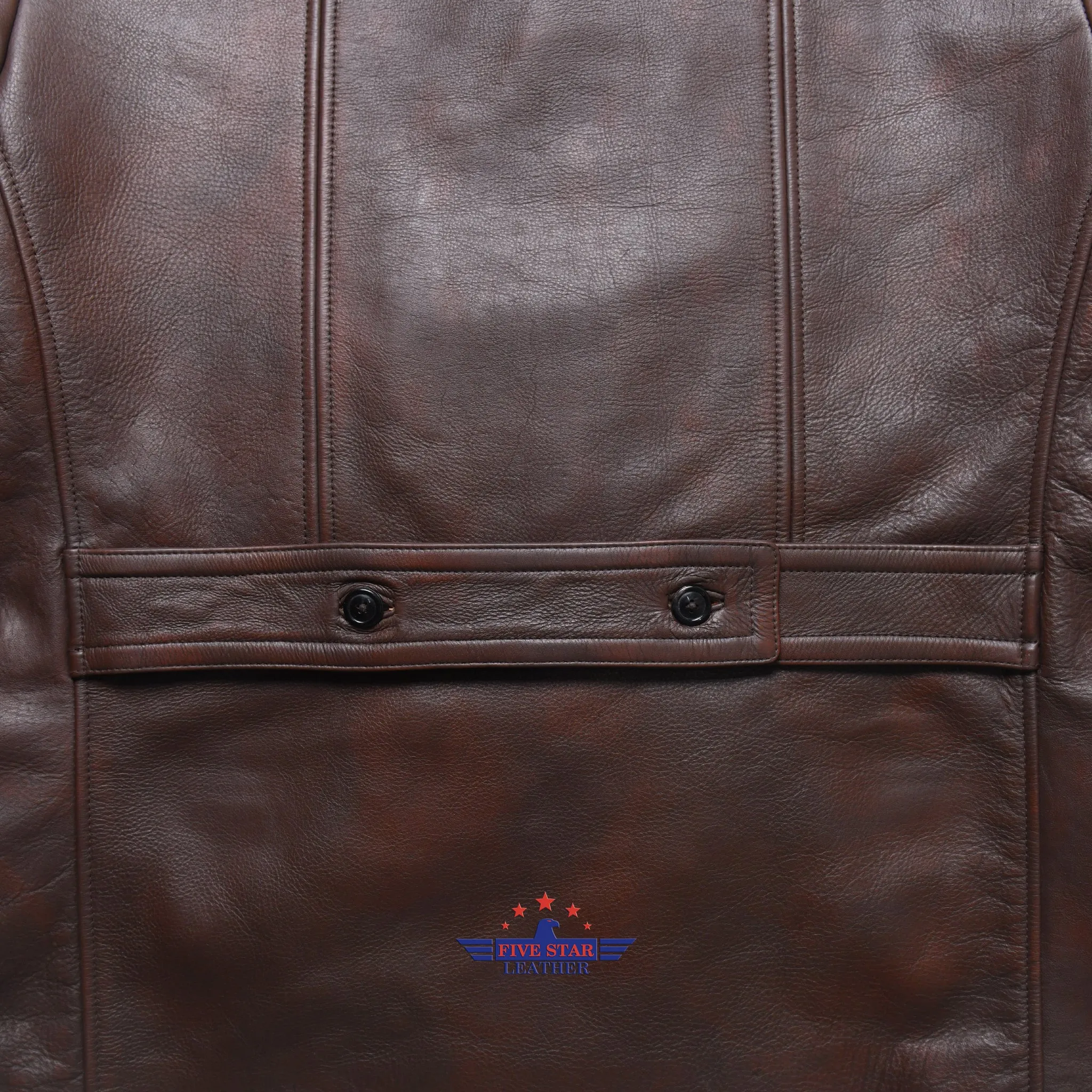 Fivestar Leather Men Double Breasted Horse Hide Mid Brown Coat