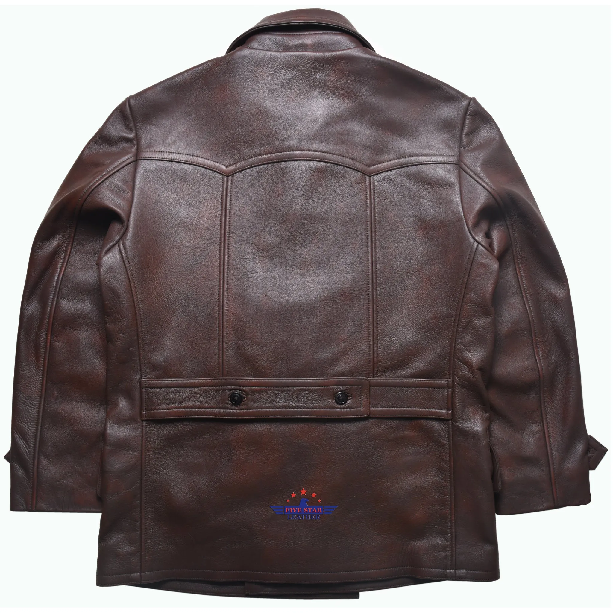 Fivestar Leather Men Double Breasted Horse Hide Mid Brown Coat