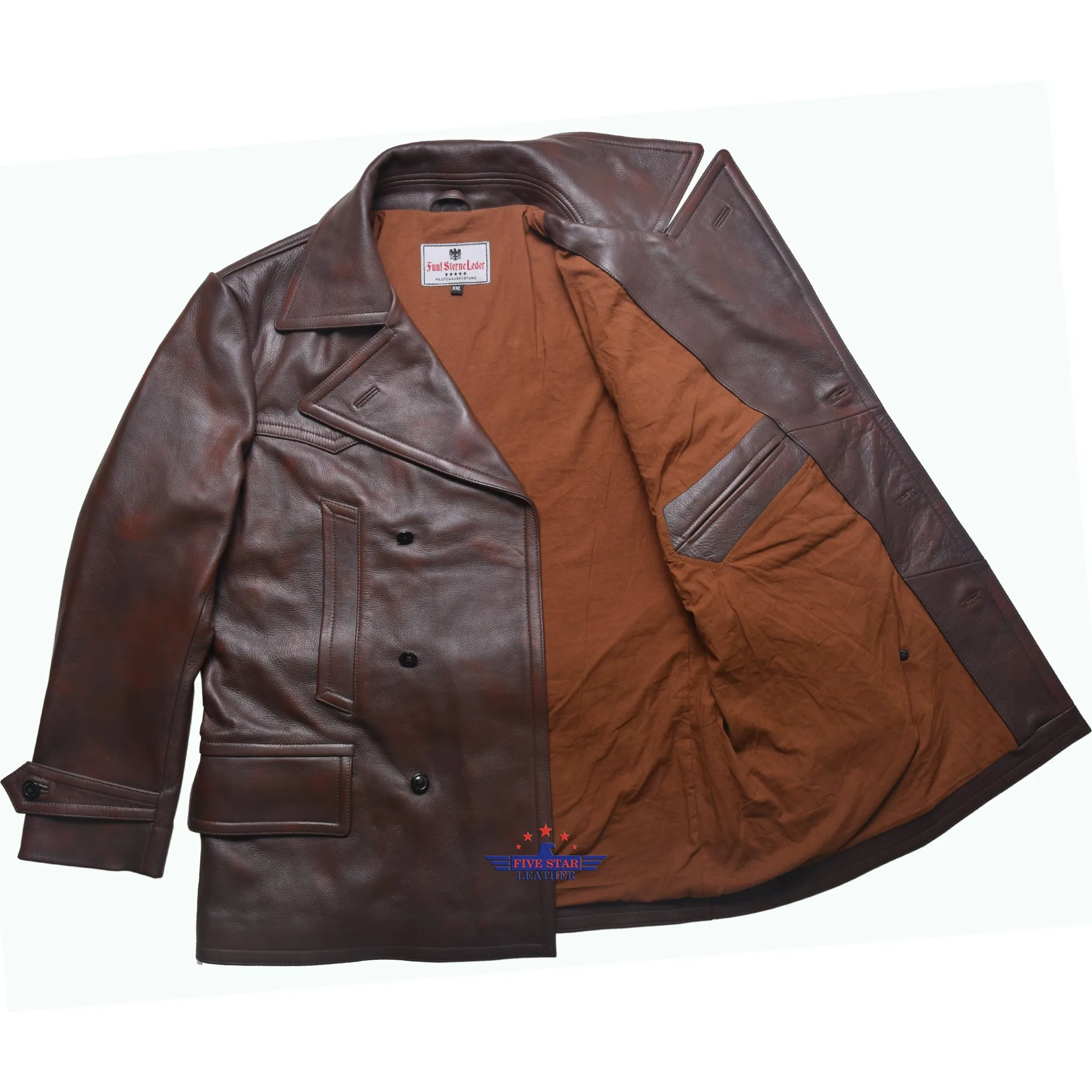 Fivestar Leather Men Double Breasted Horse Hide Mid Brown Coat