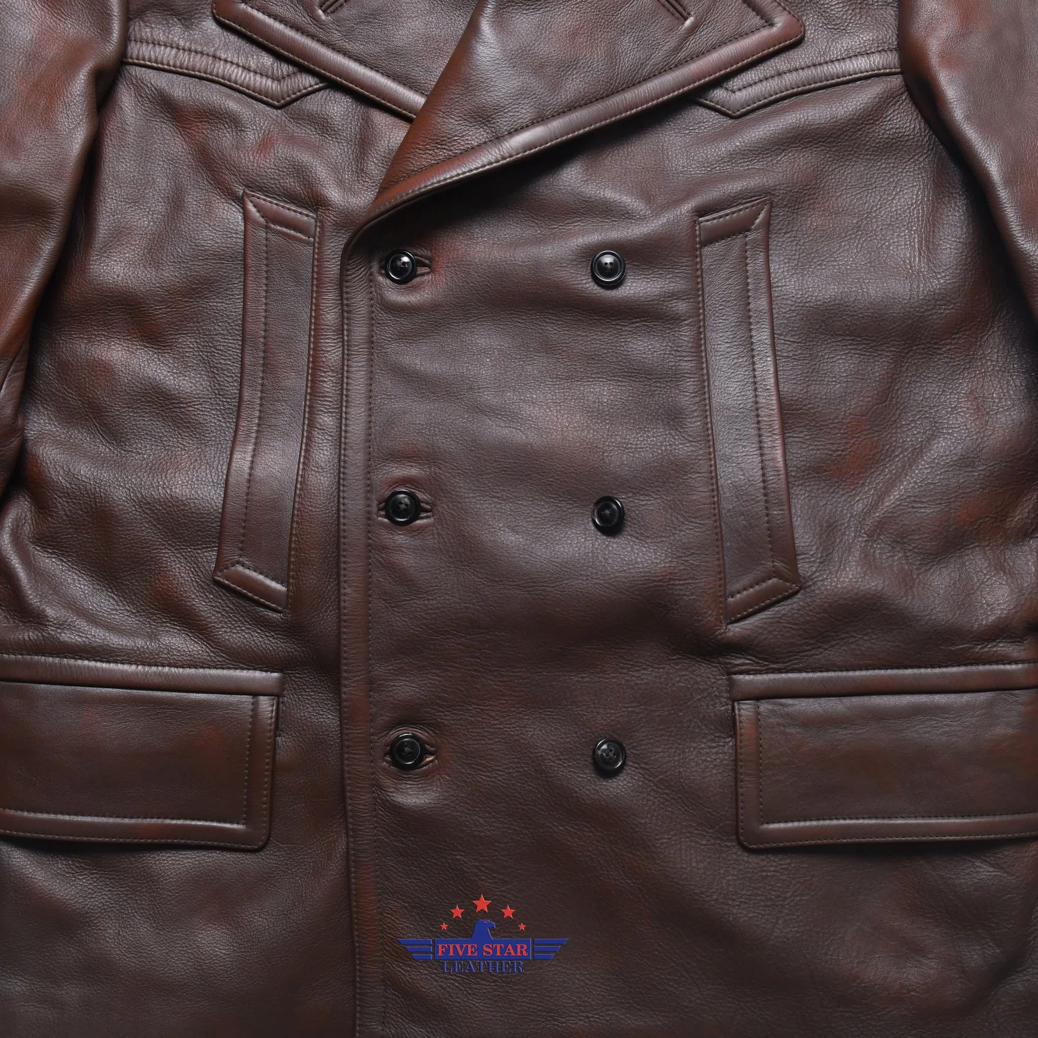 Fivestar Leather Men Double Breasted Horse Hide Mid Brown Coat