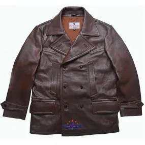 Fivestar Leather Men Double Breasted Horse Hide Mid Brown Coat