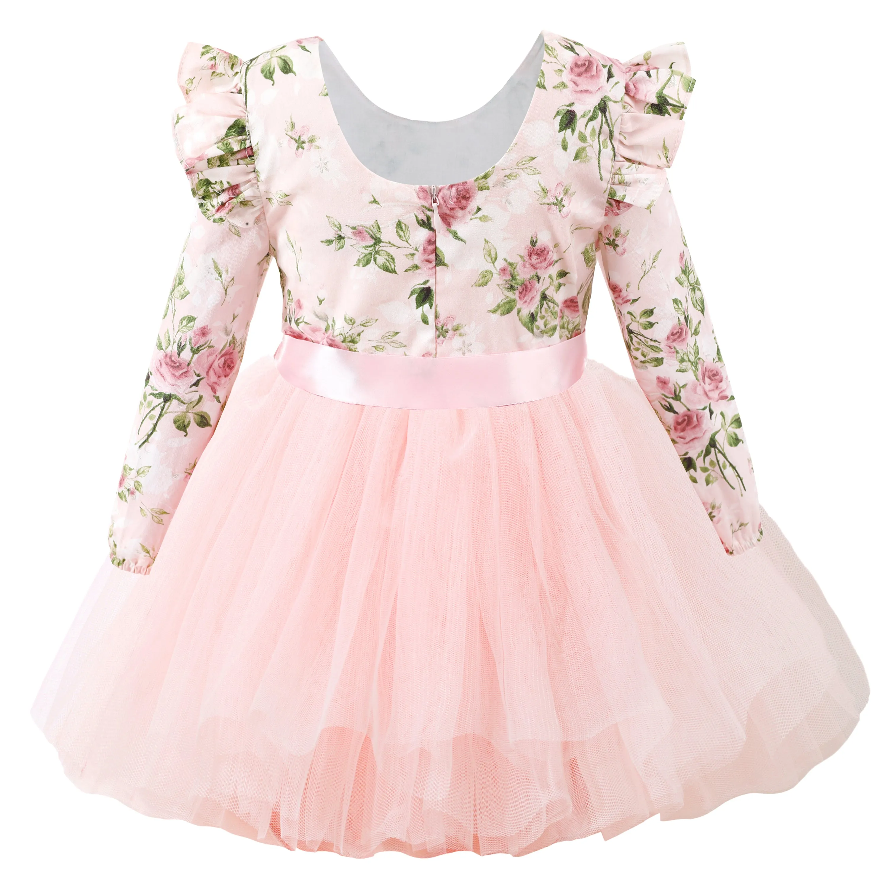 Flofallzique Long Sleeve Toddler Party Dress Vintage Floral Birthday Girls Tulle Dress