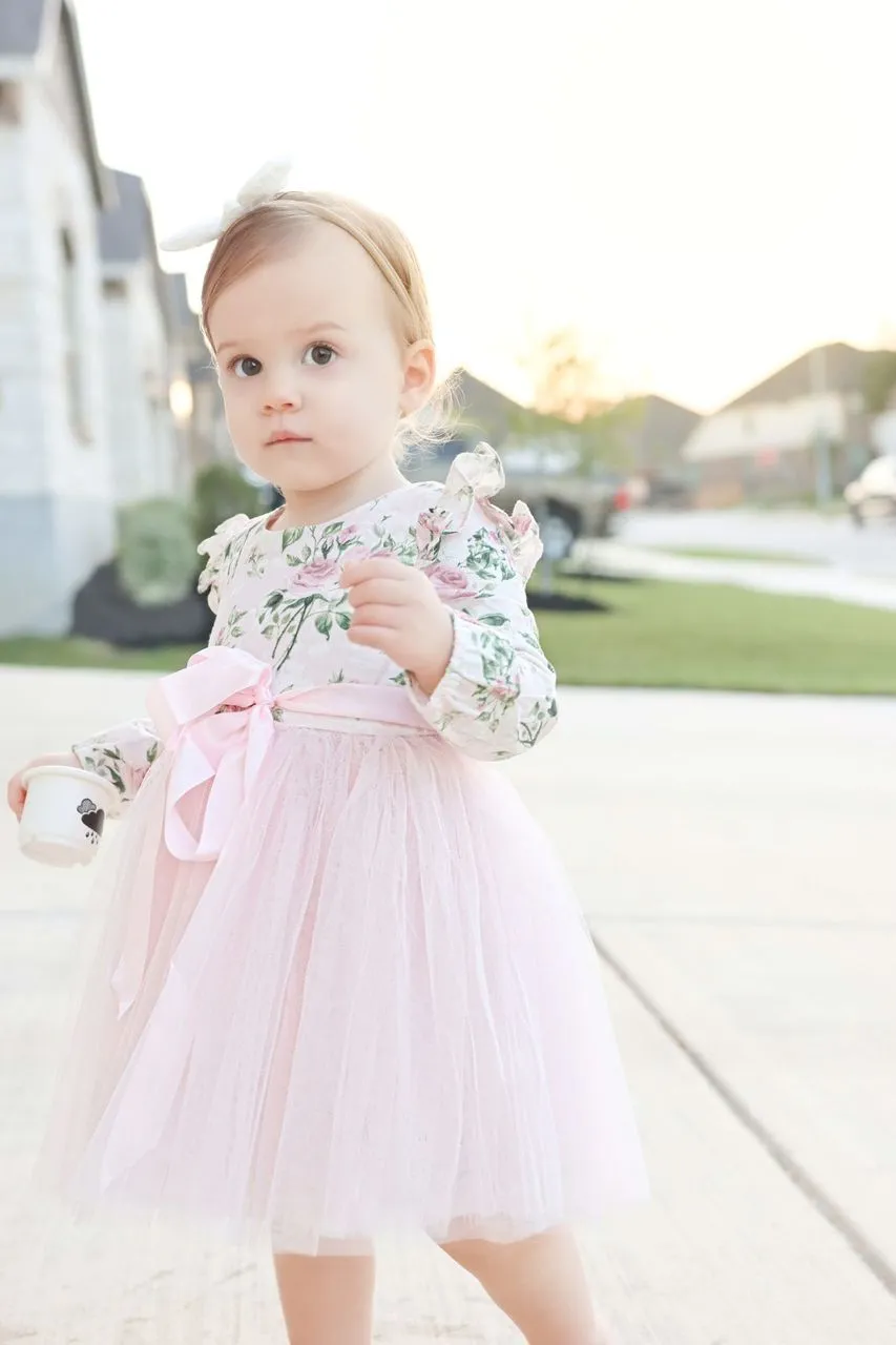 Flofallzique Long Sleeve Toddler Party Dress Vintage Floral Birthday Girls Tulle Dress