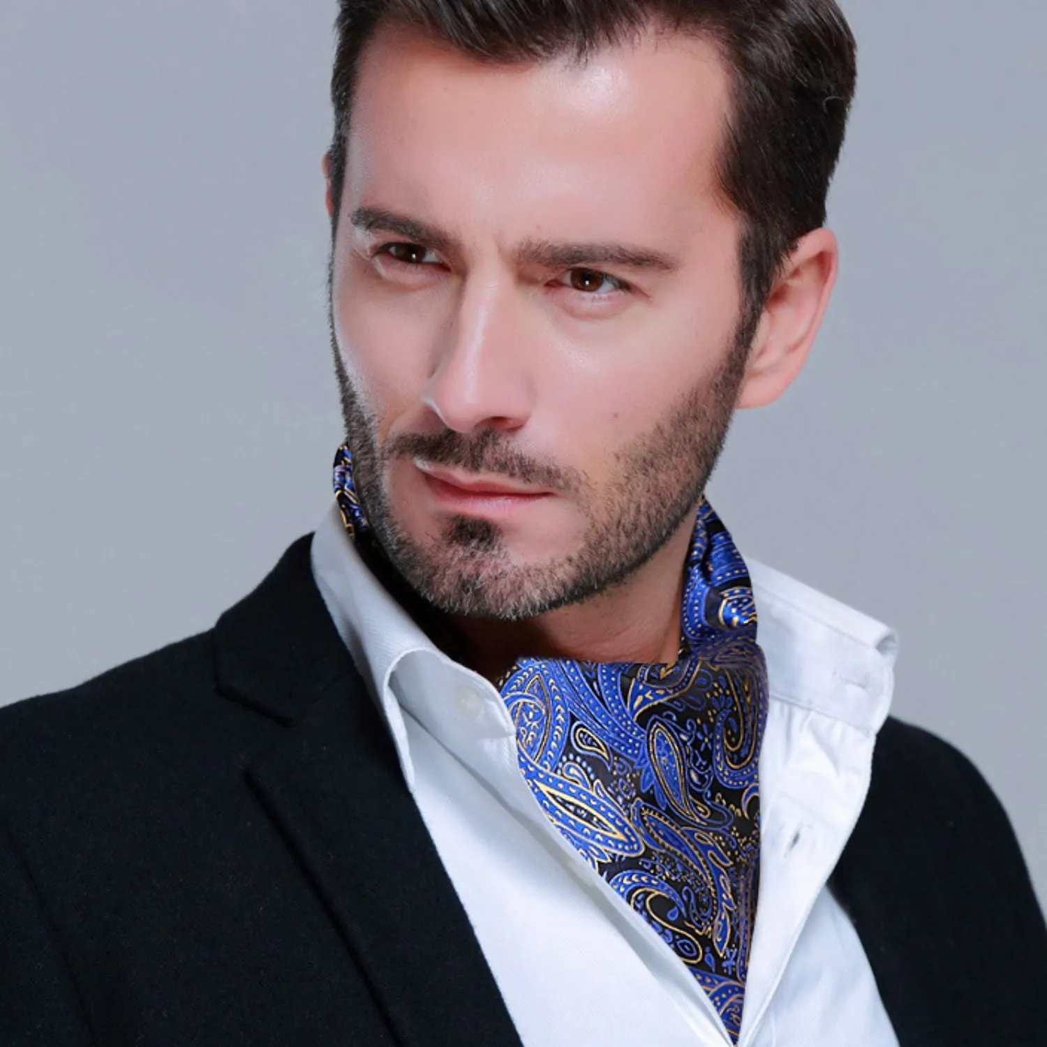 Floral Paisley Ascot Cravat Scarf - A-01 NAVY BLUE BLACK