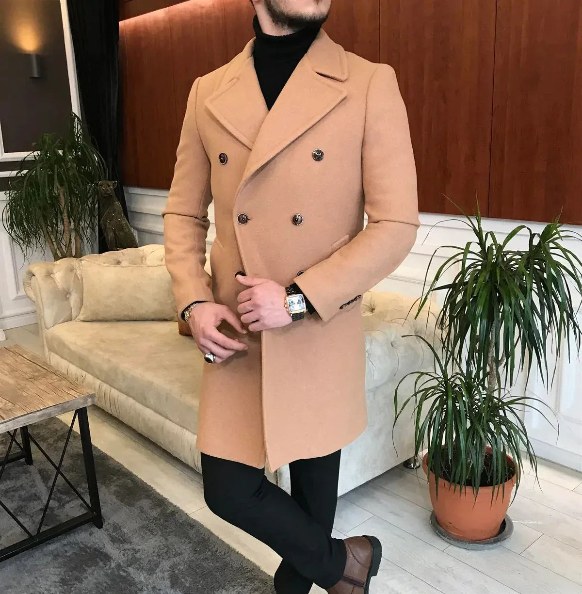 Frost Slim Fit Camel Double Breasted Wool Over Coat by ITALIAN VEGA®