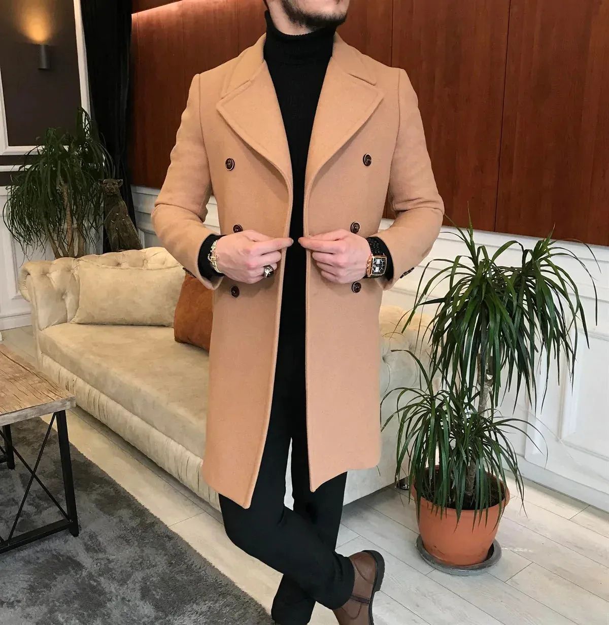 Frost Slim Fit Camel Double Breasted Wool Over Coat by ITALIAN VEGA®