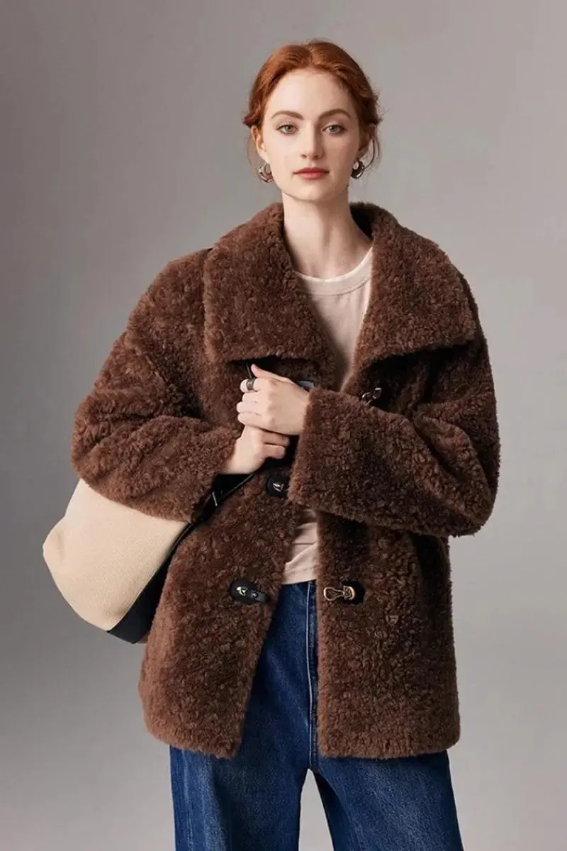 Genuine Shearling & Faux Suede Mid-length Coat with Oversized Collar