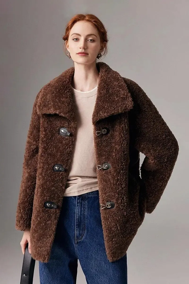 Genuine Shearling & Faux Suede Mid-length Coat with Oversized Collar