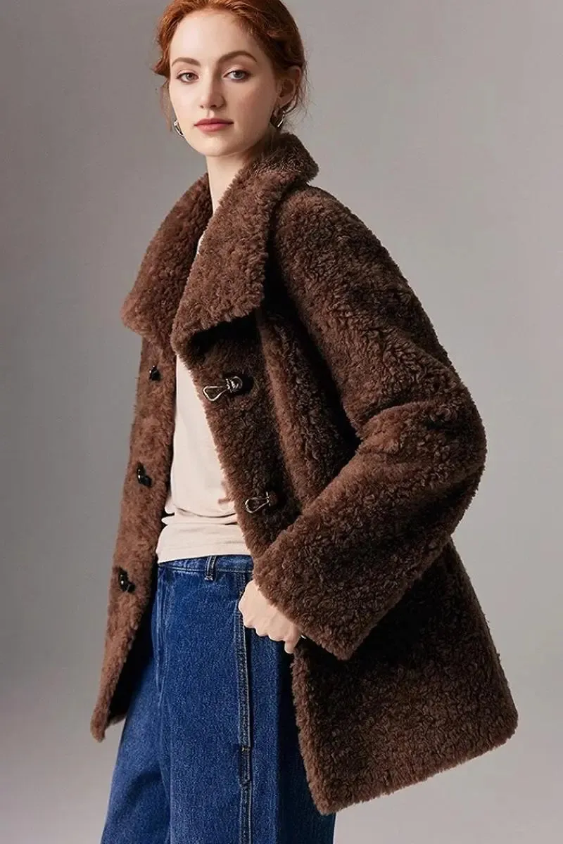 Genuine Shearling & Faux Suede Mid-length Coat with Oversized Collar