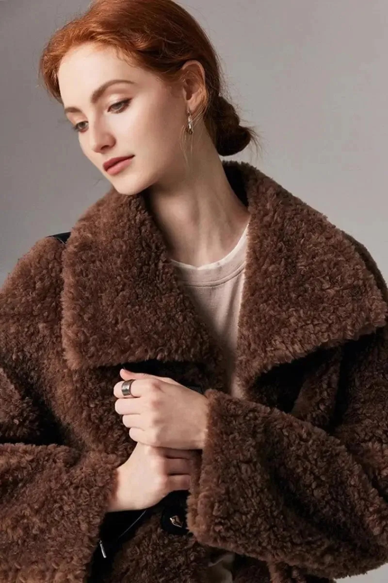 Genuine Shearling & Faux Suede Mid-length Coat with Oversized Collar