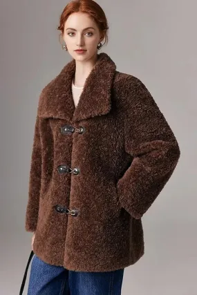 Genuine Shearling & Faux Suede Mid-length Coat with Oversized Collar