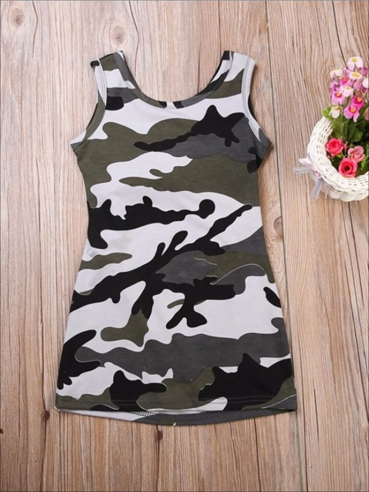 Girls Camo Print T-Shirt Dress with Criss Cross Back