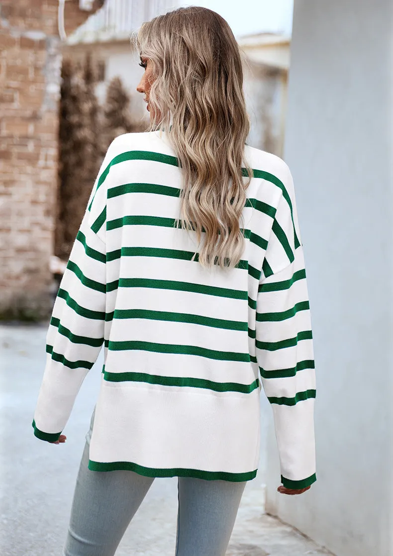 Green Turtleneck Striped Long Sleeve Knitted Pullover