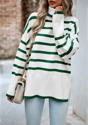 Green Turtleneck Striped Long Sleeve Knitted Pullover