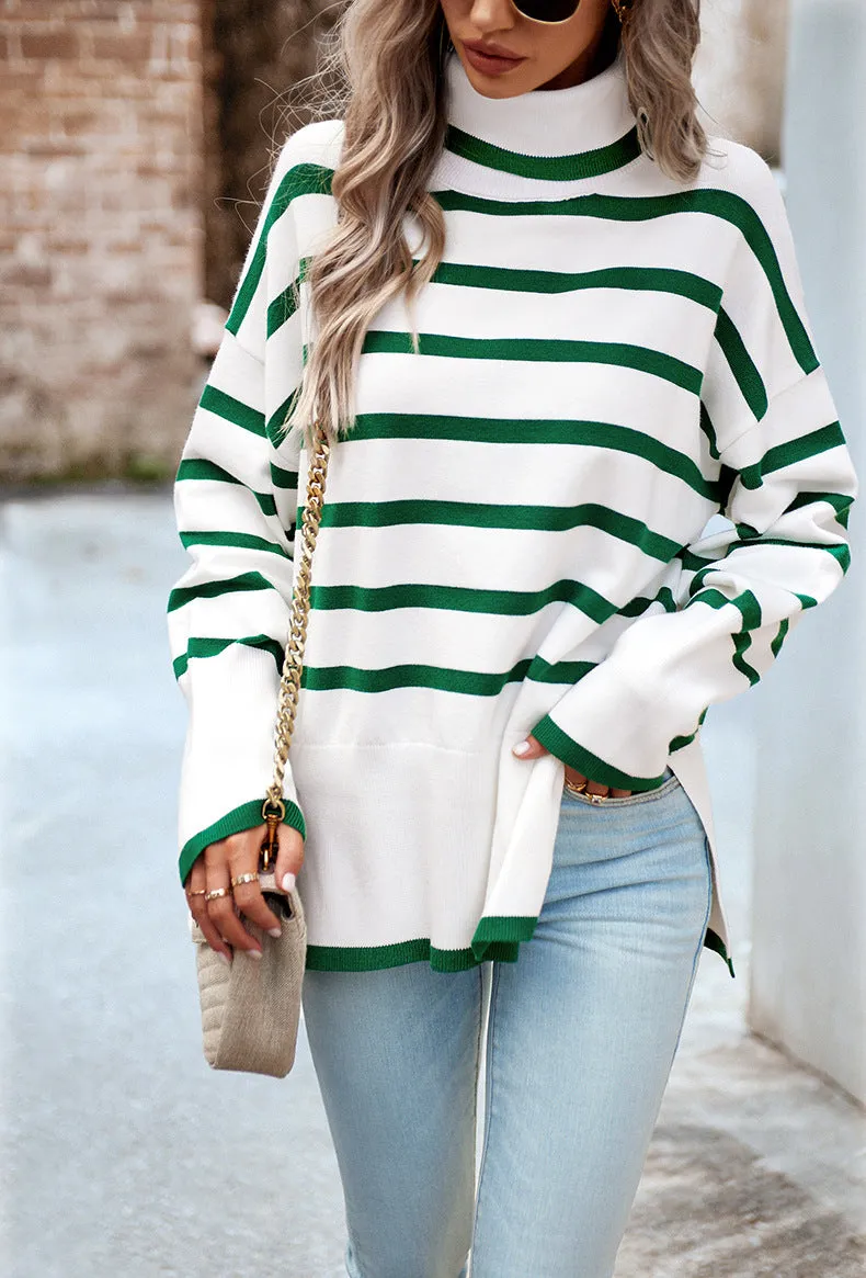 Green Turtleneck Striped Long Sleeve Knitted Pullover