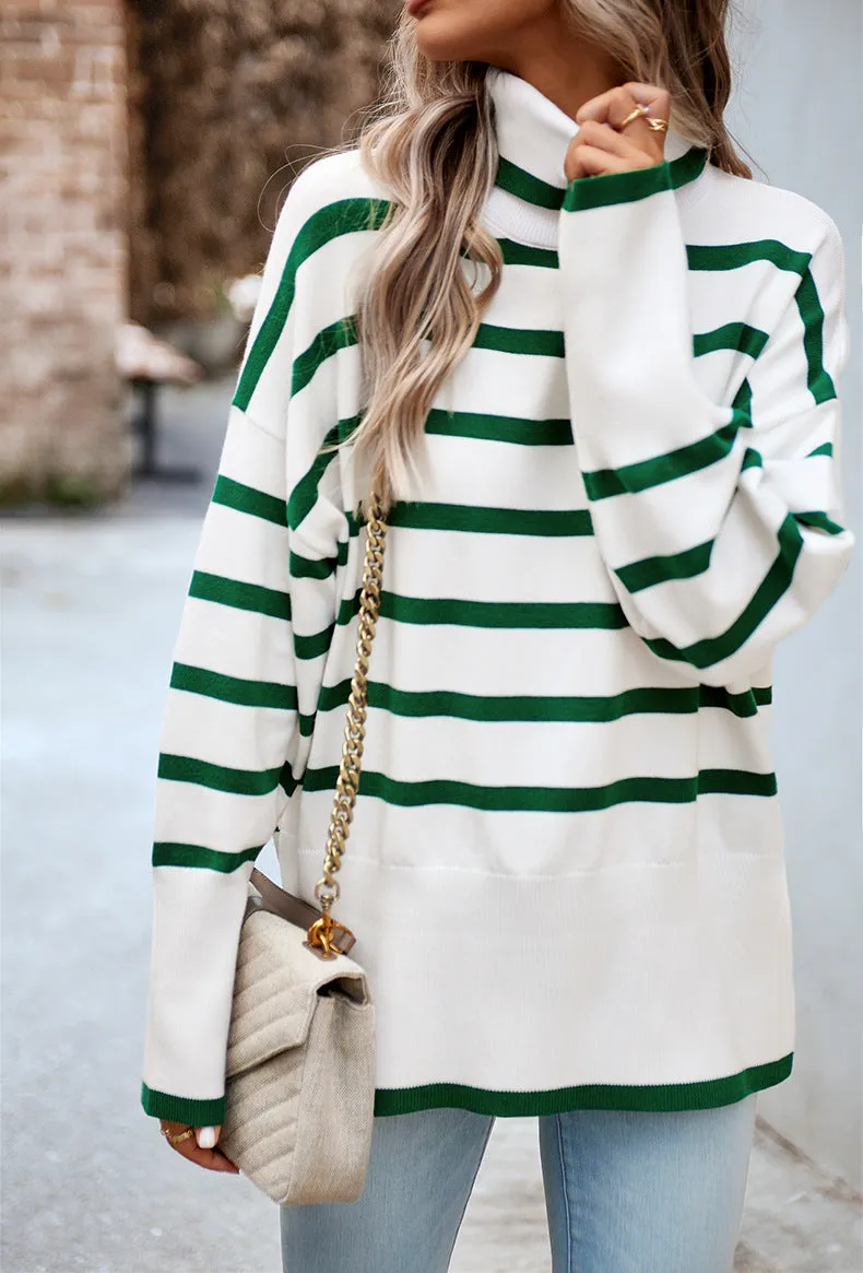 Green Turtleneck Striped Long Sleeve Knitted Pullover