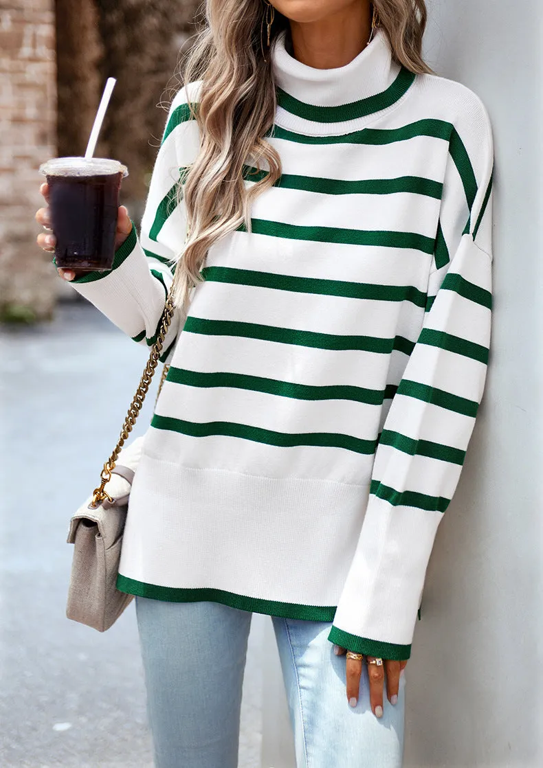 Green Turtleneck Striped Long Sleeve Knitted Pullover