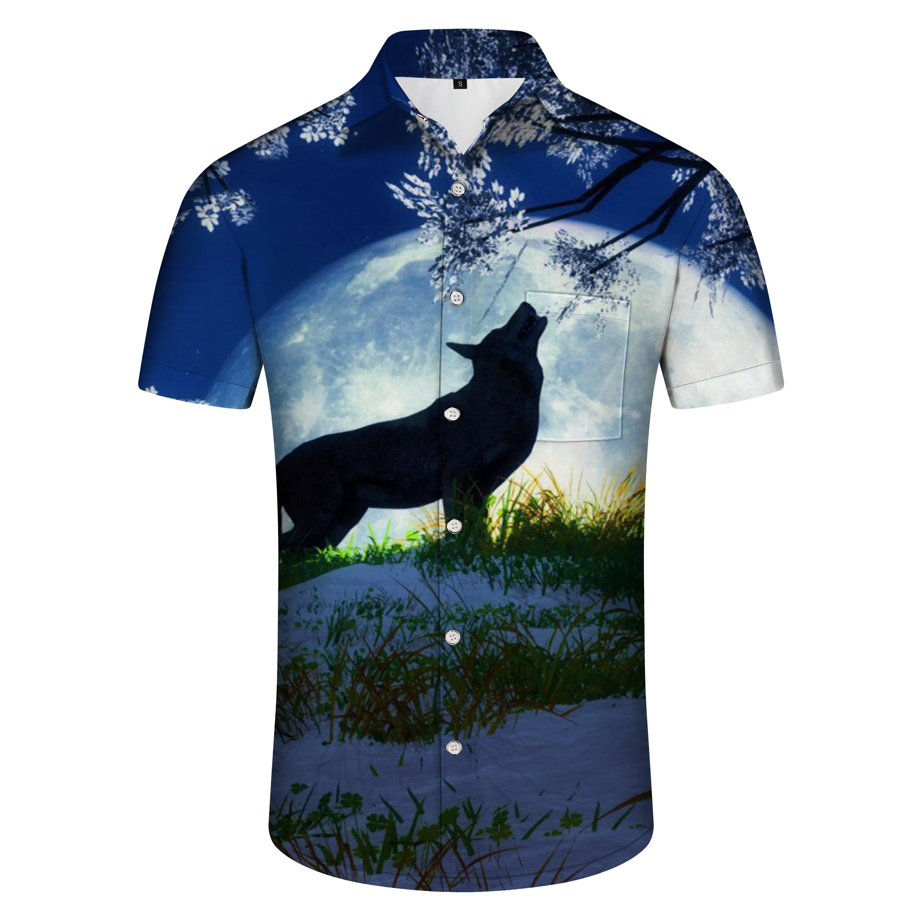 Heat Wave Wolf Shirt Summer Everyday Men's Casual Hawaiian Button Print Short Sleeve Shirt Tropical