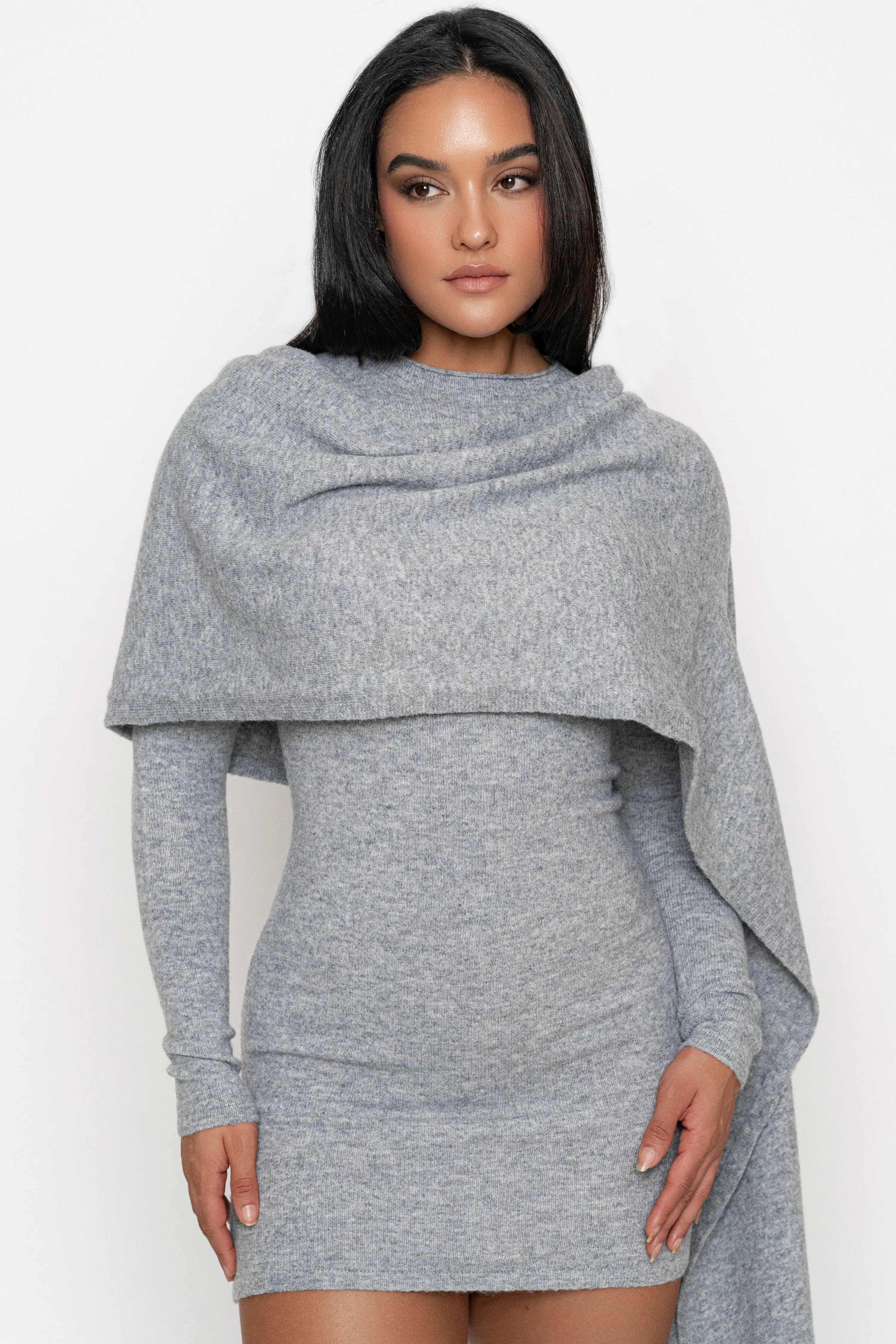 Heather Grey Scarf Draped Mini Dress