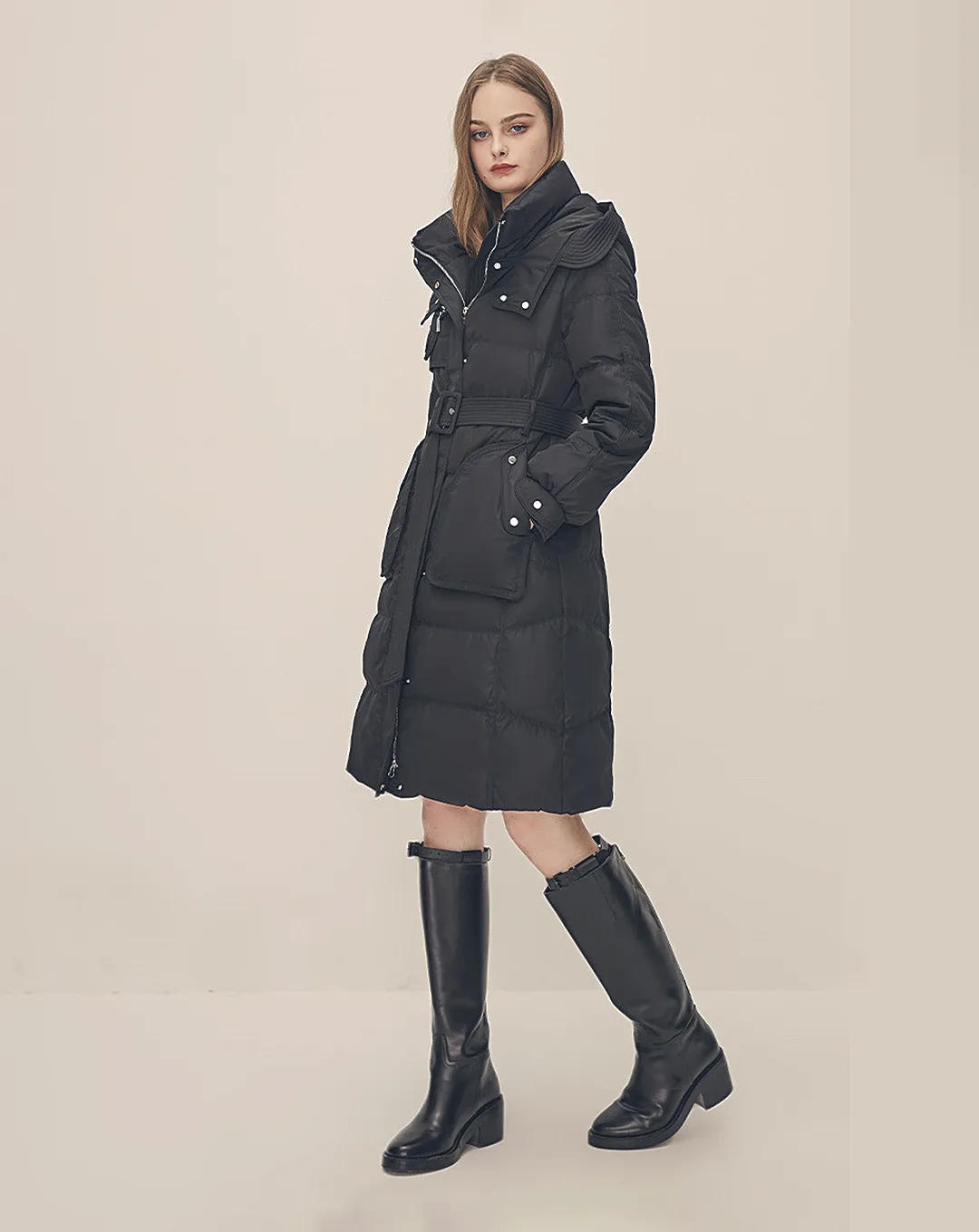 ♀Hood And Zipper Middle Down Coat