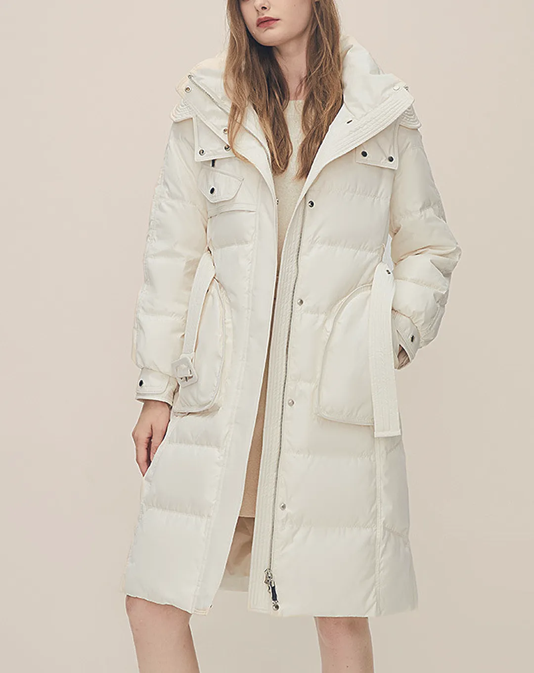 ♀Hood And Zipper Middle Down Coat