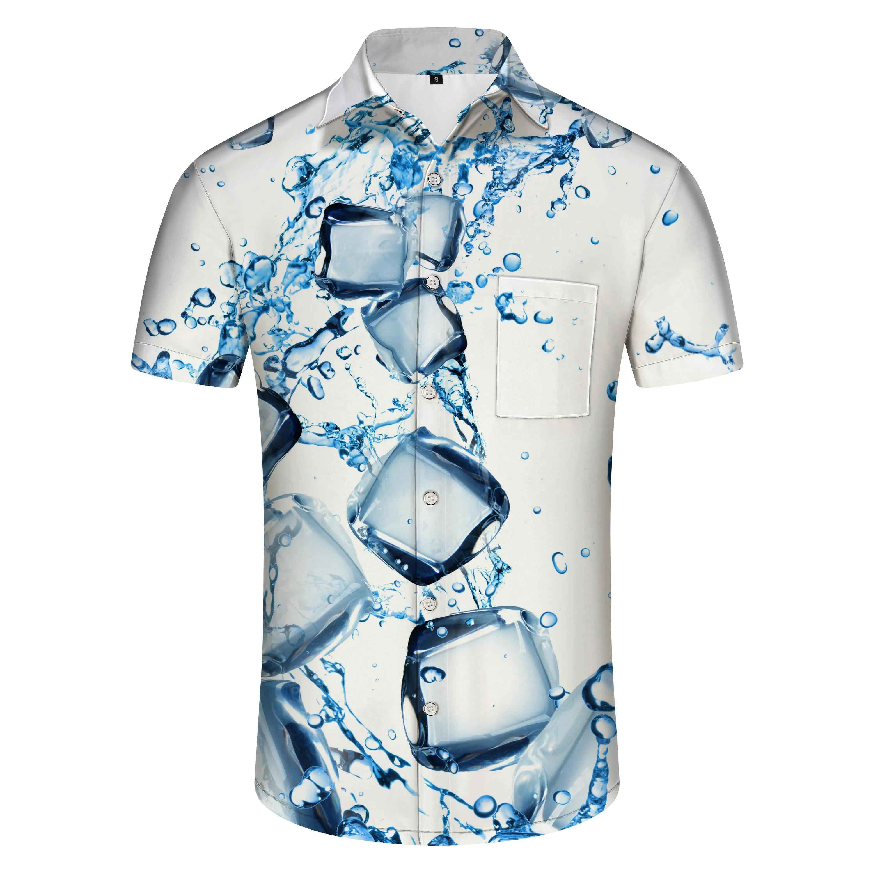 Ice cube water drop 3D pattern fashion lapel shirt men's tops casual personality short-sleeved shirt beach