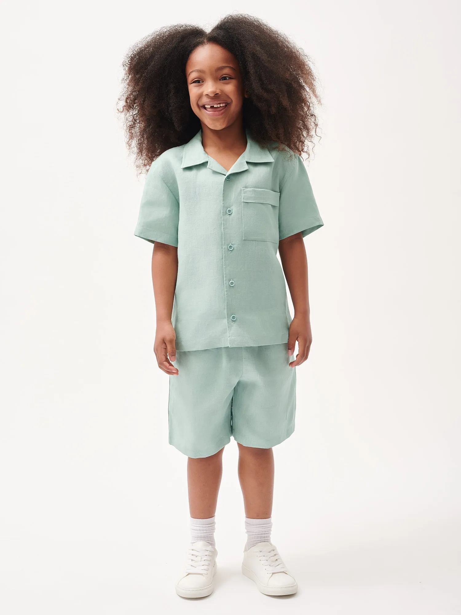 Kids' DNA Aloe Linen Camp Collared Shirt—eucalyptus blue