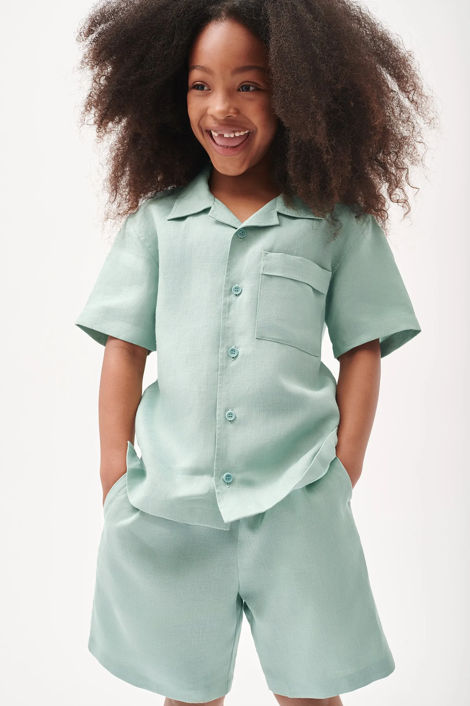 Kids' DNA Aloe Linen Camp Collared Shirt—eucalyptus blue