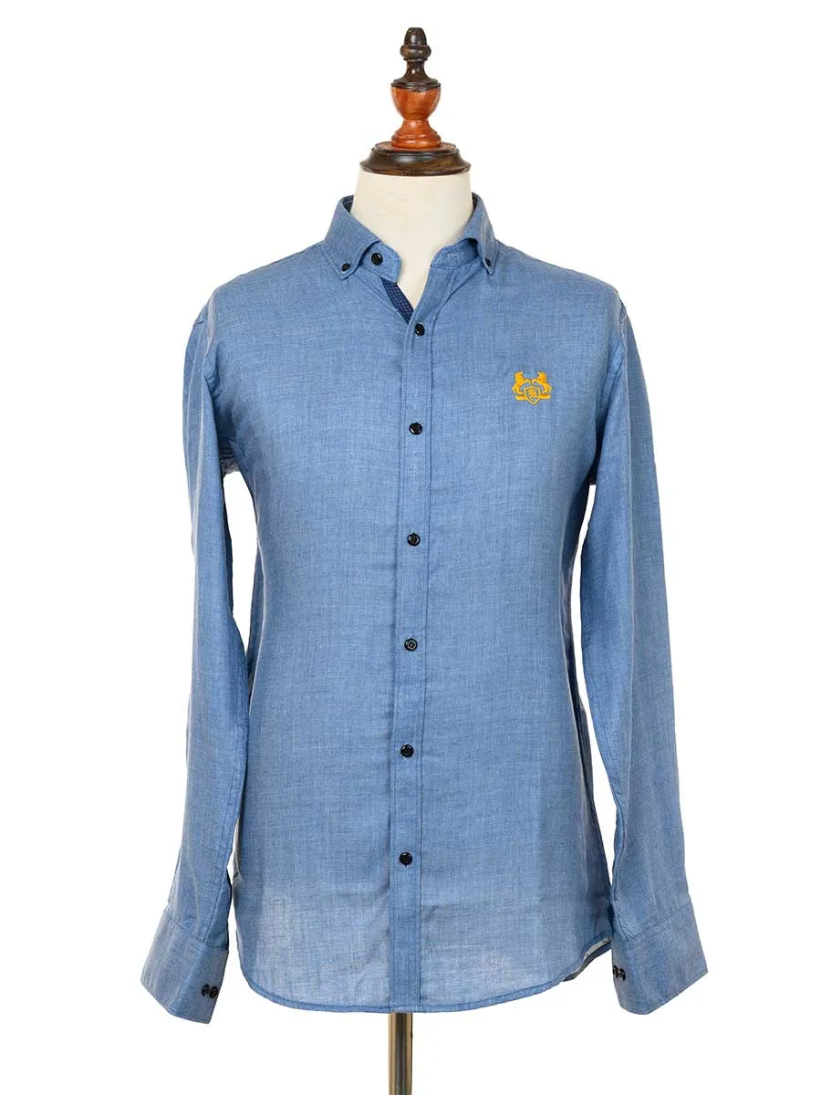 Kings Club Couture Shirt Button Down Regular Duplet Horse Light Blue Chambray Woven Cotton Blend with Embroidered Logo KCSHD001