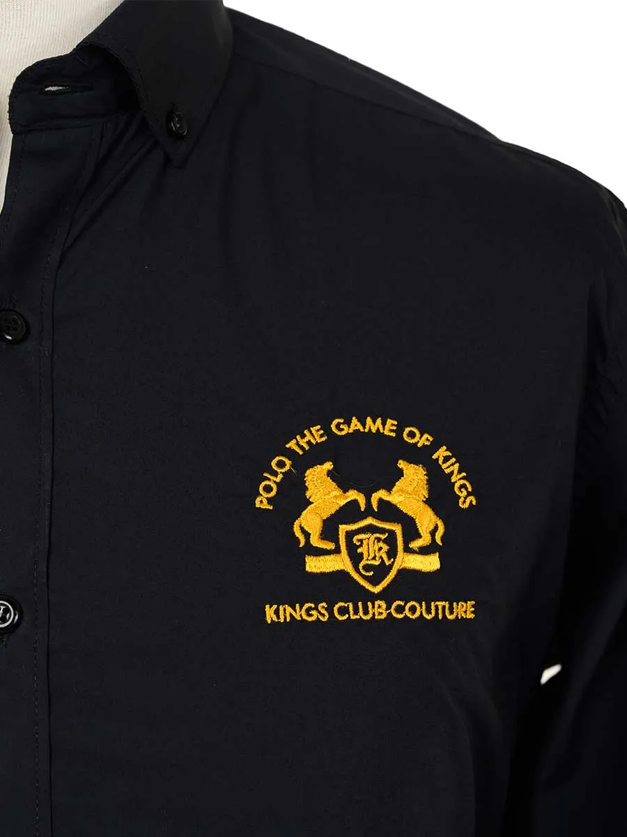 Kings Club Couture Shirt Button Down Regular Fit Game of Kings Black Woven Cotton Blend with Embroidered Logo KCSHG001