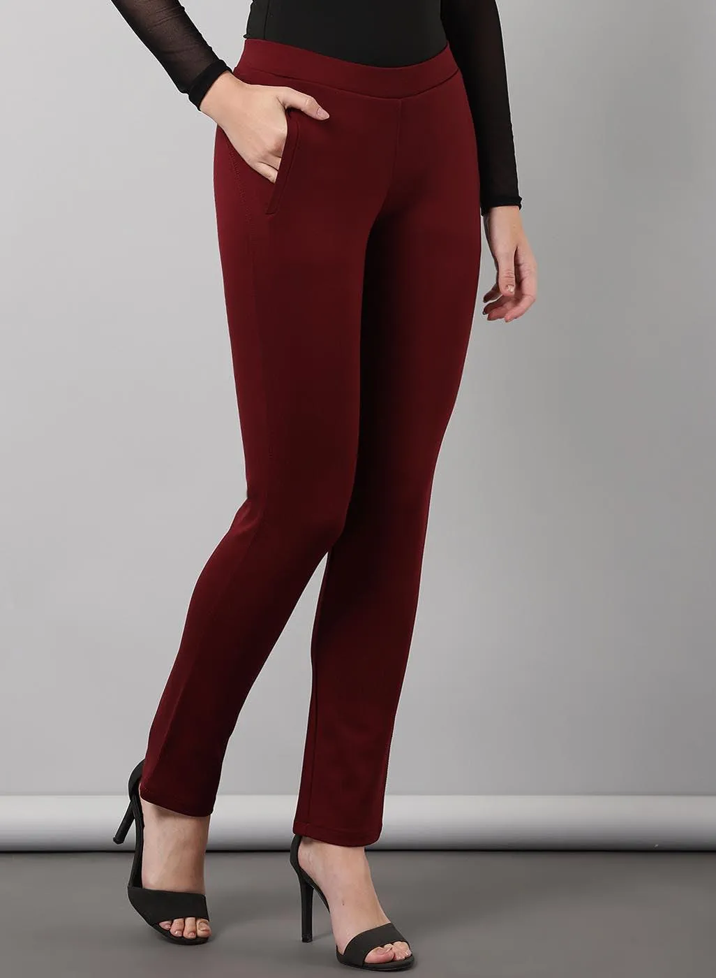 Liah Maroon Straight Fit Trousers for Women