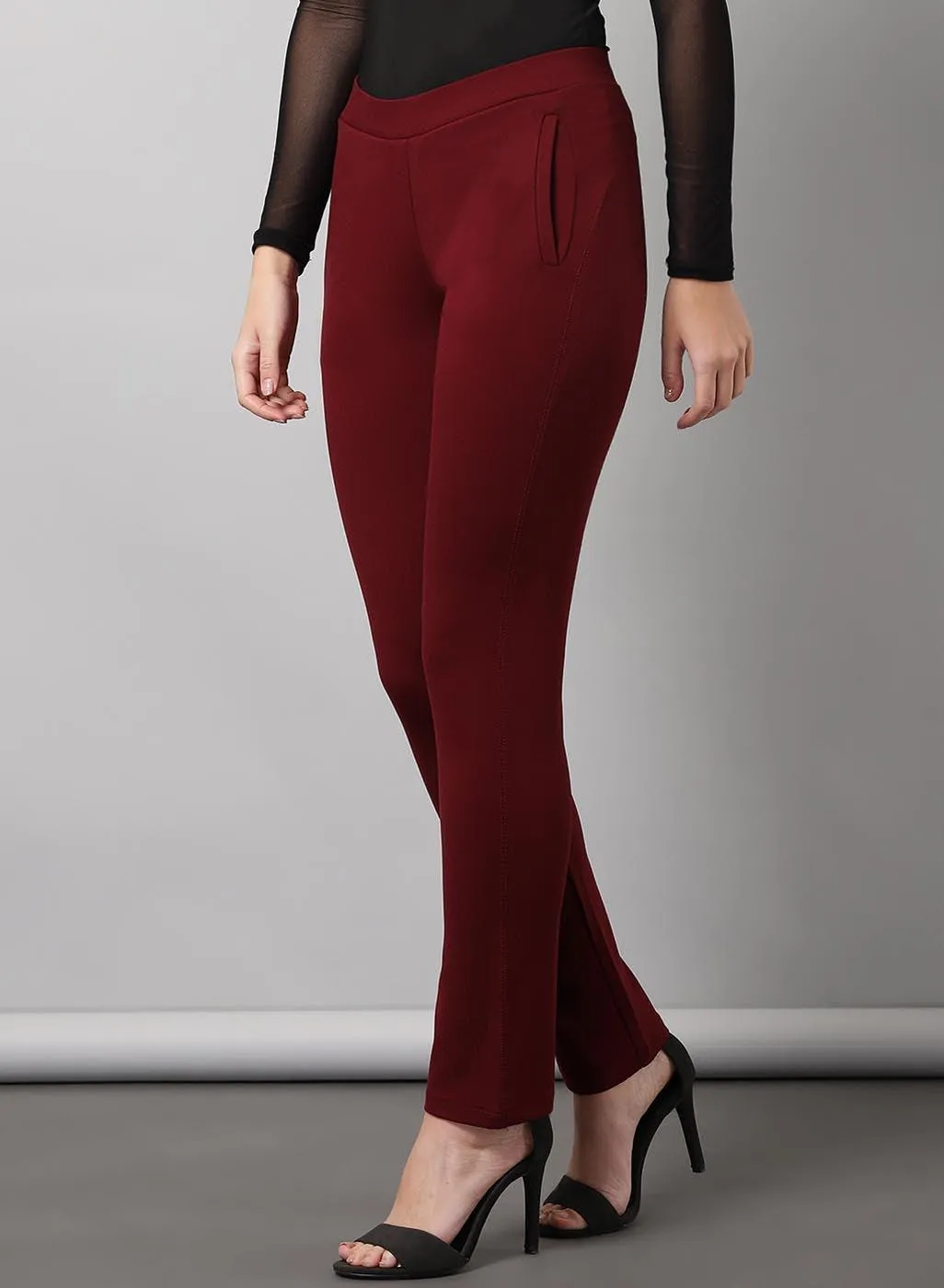 Liah Maroon Straight Fit Trousers for Women