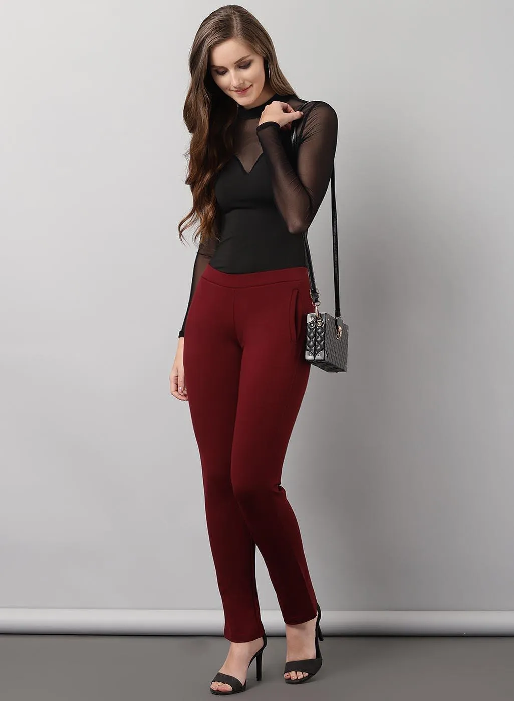 Liah Maroon Straight Fit Trousers for Women