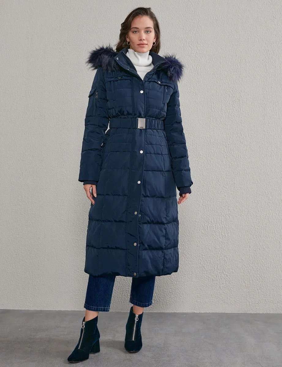 Long Goose Down Coat With Furry A20 27003 Navy