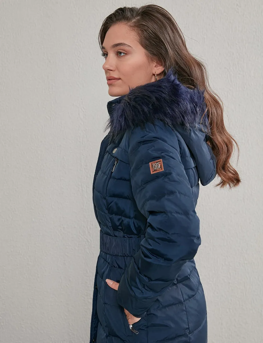 Long Goose Down Coat With Furry A20 27003 Navy