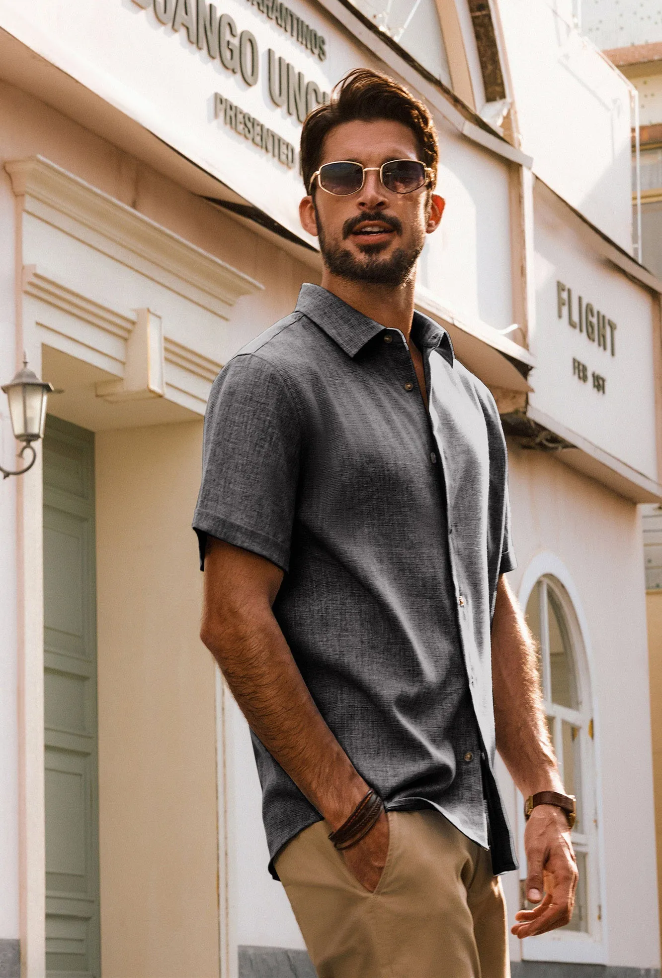 Men Curved Hem Shirt Casual Short Sleeve Lapel Collar Button-up Tops