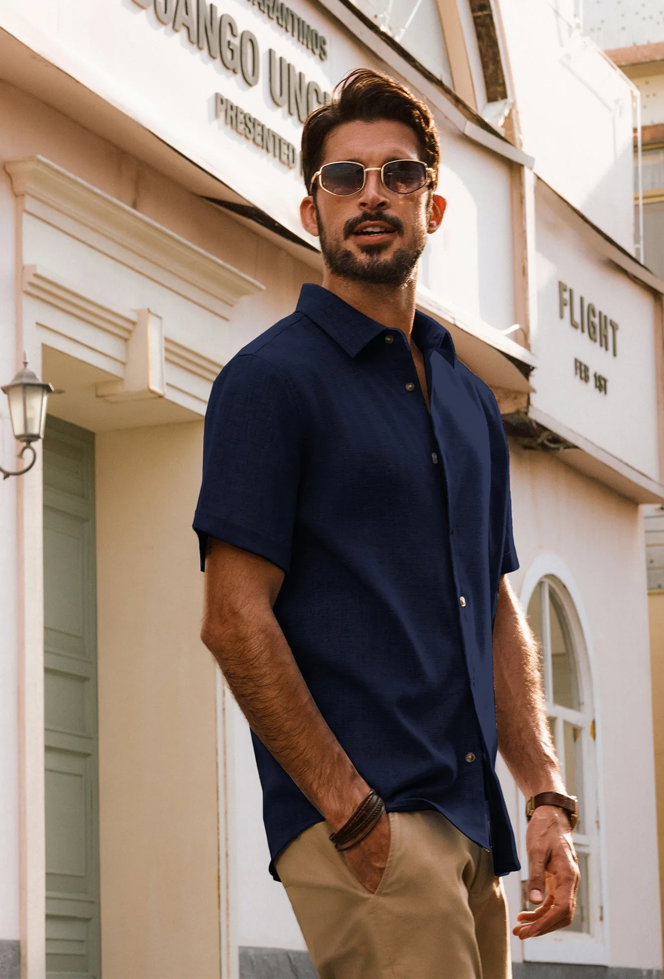 Men Curved Hem Shirt Casual Short Sleeve Lapel Collar Button-up Tops