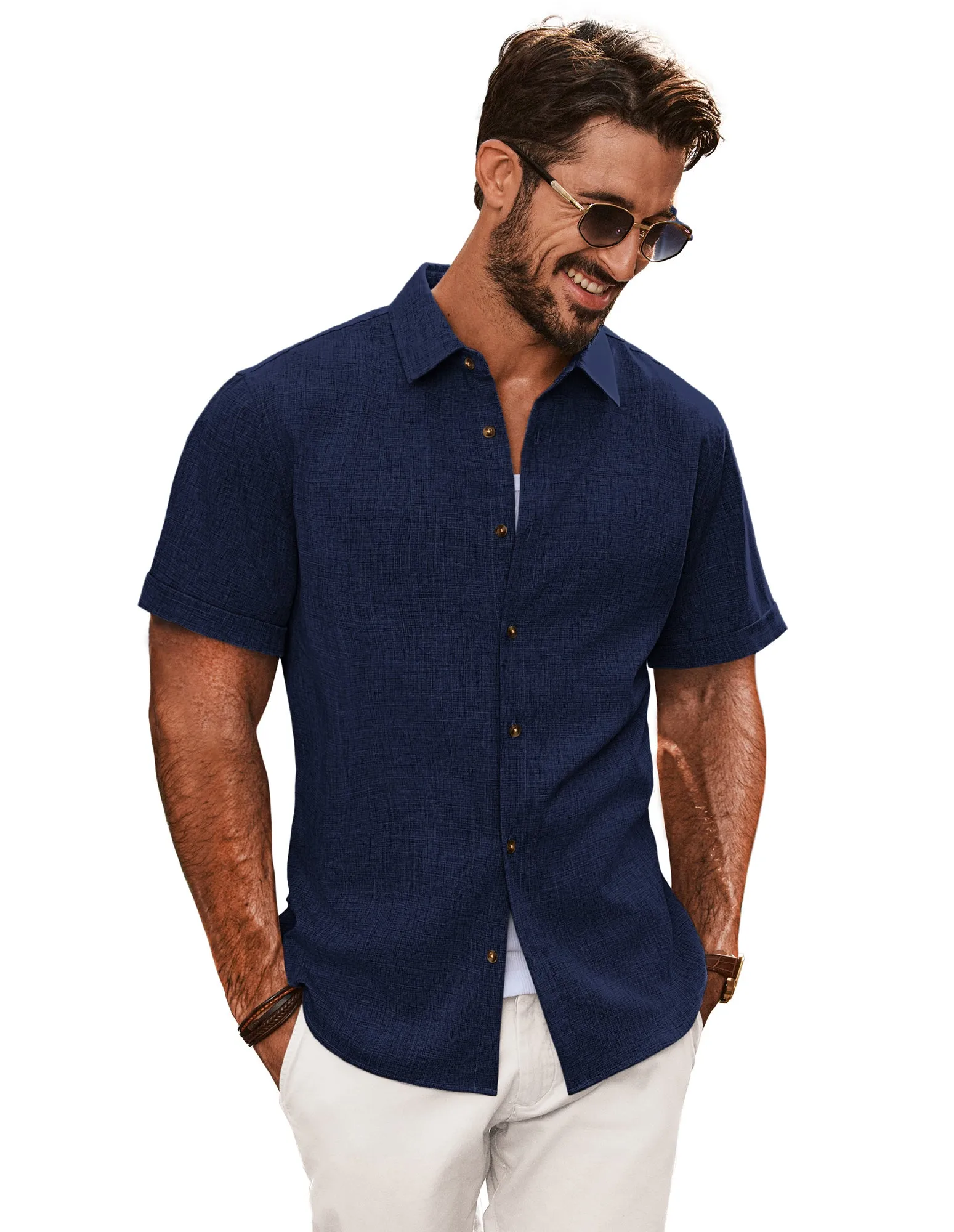 Men Curved Hem Shirt Casual Short Sleeve Lapel Collar Button-up Tops